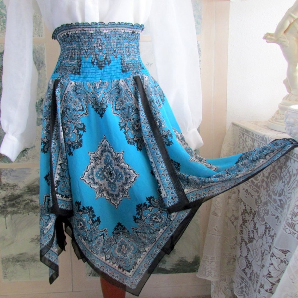 Y2K SKIRT w HANDKERCHIEF HEM, M-L, CACHE SHIRRED WAIST TURQUOISE & BLACK VINTAGE